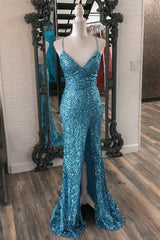 Blue Sequin V-Neck Lace-Up Mermaid Long Dresses with Slit