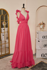 Rose Pink Ruffle Shoulder Plunging V Neck A-line Lace-Up Long Prom Dresses