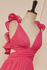 Rose Pink Ruffle Shoulder Plunging V Neck A-line Lace-Up Long Prom Dresses