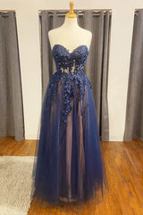 Navy Floral Appliques Strapless A-Line Prom Dresses