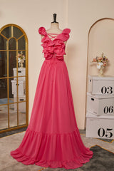 Rose Pink Ruffle Shoulder Plunging V Neck A-line Lace-Up Long Prom Dresses