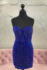 Royal Blue Beaded Strapless Sheath Homecoming Dresses