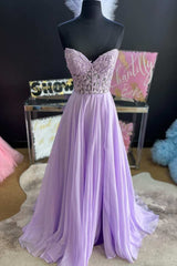 Lilac Applique Strapless A-Line Long Prom Dresses