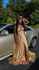 A Line V Neck Gold Prom Dresses, Sleeveless Satin Long Prom Dresses