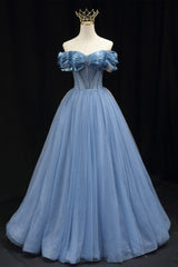 Blue Tulle Beaded Long Prom Dresses, Elegant A-Line Blue Evening Dresses