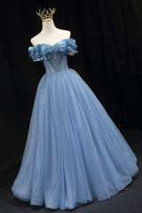 Blue Tulle Beaded Long Prom Dresses, Elegant A-Line Blue Evening Dresses