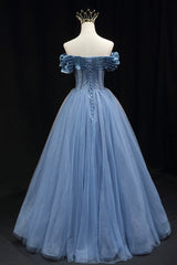 Blue Tulle Beaded Long Prom Dresses, Elegant A-Line Blue Evening Dresses