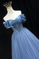 Blue Tulle Beaded Long Prom Dresses, Elegant A-Line Blue Evening Dresses