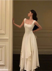 Lovely Ivory Chiffon Straps Long Party Dresses Prom Dresses, Ivory Wedding Party Dresses