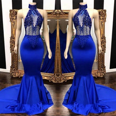 2025 High Neck Beaded Mermaid Royal Blue Prom Dresses