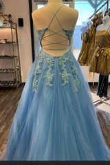 Blue Tulle Appliques Lace-Up Back A-Line Prom Dresses