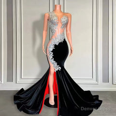 Sleeveless Long Black Velvet Mermaid Prom Dress with Appliques and Beads