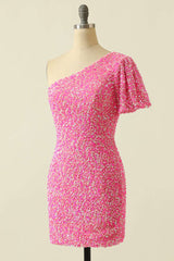 Pink Sequin One-Sleeve Bodycon Homecoming Dresses