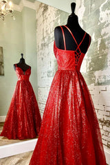 A-Line Red Sequin Lace-Up Long Prom Dresses