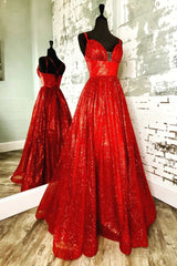 A-Line Red Sequin Lace-Up Long Prom Dresses