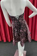 Dark Pink Sequin Strapless A-Line Homecoming Dresses