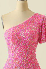 Pink Sequin One-Sleeve Bodycon Homecoming Dresses