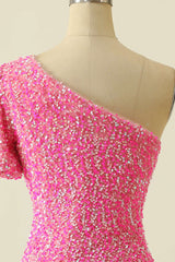 Pink Sequin One-Sleeve Bodycon Homecoming Dresses