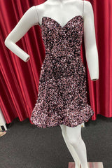 Dark Pink Sequin Strapless A-Line Homecoming Dresses