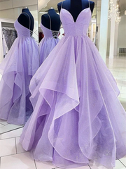 a line v neck purple tulle long prom Dresses a line v neck purple backless long formal evening Dresses