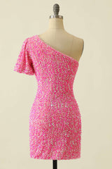 Pink Sequin One-Sleeve Bodycon Homecoming Dresses