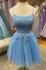 Light Blue Appliques Straps Tulle Homecoming Dresses