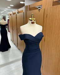 Long Mermaid Prom Dresses Navy Blue Off-the-shoulder Sweetheart Sleeveless