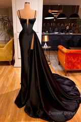 Gorgeous Black Spaghett-Straps Prom Dress With Slit