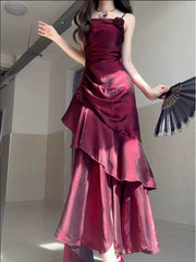 Wine Red Satin Long Straps Prom Dresses Wine Red A-line Party Dresses