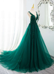 Dark Green V-neckline Lace Long Beaded Prom Dresses, Dark Green Party Dresses