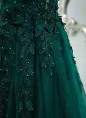 Dark Green V-neckline Lace Long Beaded Prom Dresses, Dark Green Party Dresses