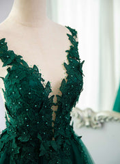 Dark Green V-neckline Lace Long Beaded Prom Dresses, Dark Green Party Dresses