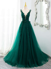 Dark Green V-neckline Lace Long Beaded Prom Dresses, Dark Green Party Dresses