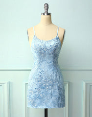 Baby Blue Spaghetti Straps Tight Homecoming Dresses With Appliques