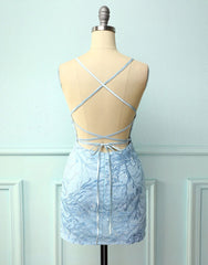 Baby Blue Spaghetti Straps Tight Homecoming Dresses With Appliques