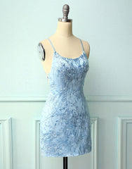 Baby Blue Spaghetti Straps Tight Homecoming Dresses With Appliques