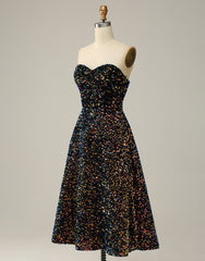 Black A-Line Tea Length Strapless Glitter Sequin Party Dresses