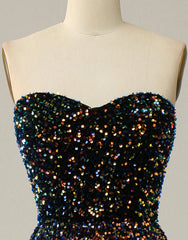 Black A-Line Tea Length Strapless Glitter Sequin Party Dresses