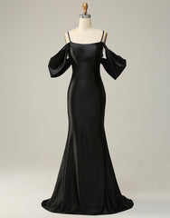 Black Off The Shoulder Criss-Cross Back Long Satin Prom Dresses