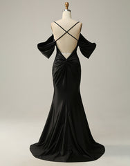 Black Off The Shoulder Criss-Cross Back Long Satin Prom Dresses