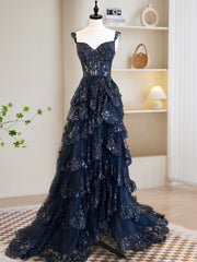 A-line sweet-coure cou tulle bleu foncé robe de bal longue, robe de graduation longue bleu foncé avec perles