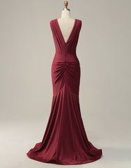 Burgundy Mermaid V-Neck Long Glitter Prom Dresses With Pleating