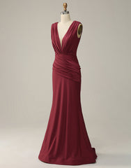 Burgundy Mermaid V-Neck Long Glitter Prom Dresses With Pleating