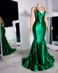 Satin Trumpet V-Neck Spaghetti Straps Prom Evening Dresses For Black Girls