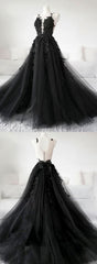 Chic Pretty Black Tulle Applique Long Prom Dresses, Black Evening Dresses, C0730