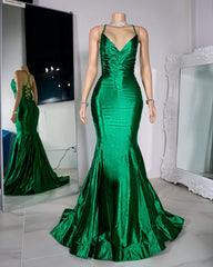 Satin Trumpet V-Neck Spaghetti Straps Prom Evening Dresses For Black Girls