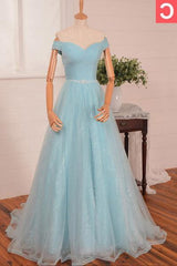 2025 Blue Floor-Length/Long A-Line/Princess Off-the-Shoulder Beading Tulle Prom Dresses