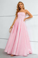 Pink Lace Up A-Line Strapless Prom Dress