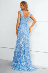 Blue V-Neck Mermaid Prom Dress With Flowers and Appliques