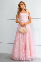 Pink A-Line Lace-Up Back Prom Dress With 3D Flowers